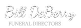 Bill DeBerry Funeral Directors logo. White script text on gray background.
