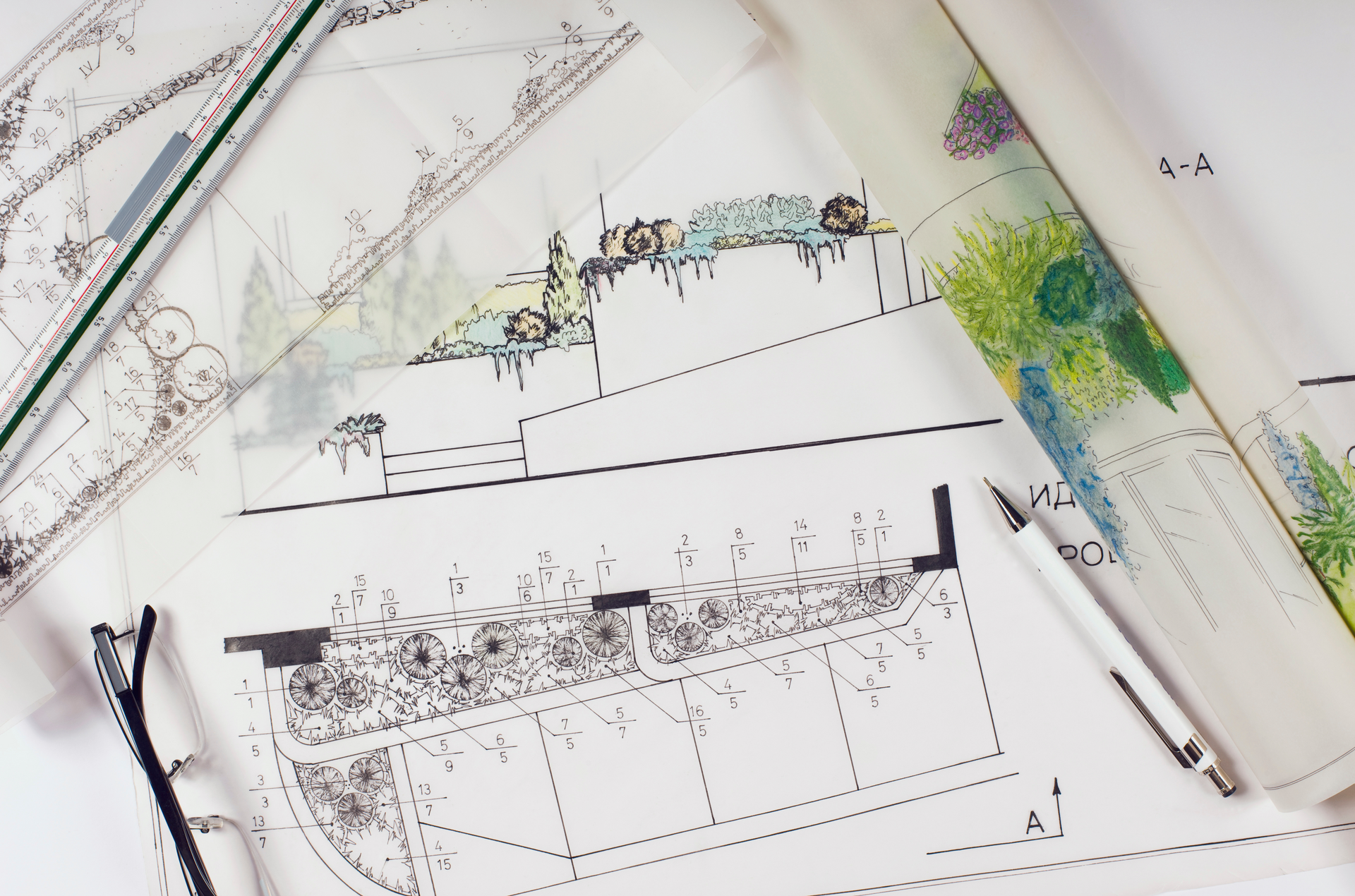 Un dessin d'un jardin avec une règle et des stylos