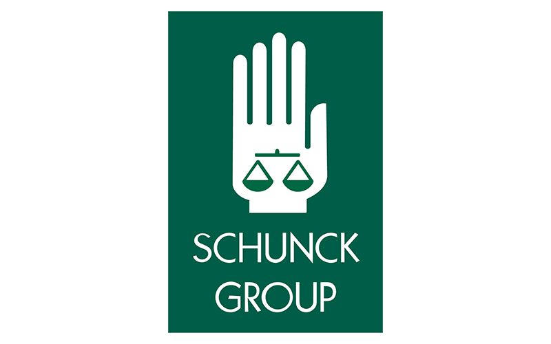 Das Logo der Schunck Group zeigt eine Hand mit der Waage der Gerechtigkeit