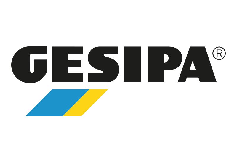 Ein Logo für eine Firma namens Gesipa mit einem blauen und gelben Streifen.