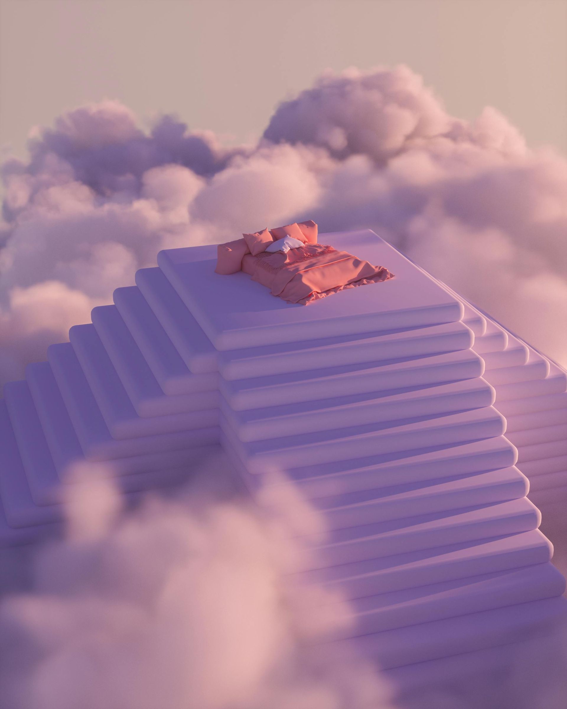 A surreal pastel coloured image of a mountain of steps going up to the clouds with a nice comfortable looking bed on top. The bed linen is mostly a muted red with one purple pillow and the stars are purple as are the clouds