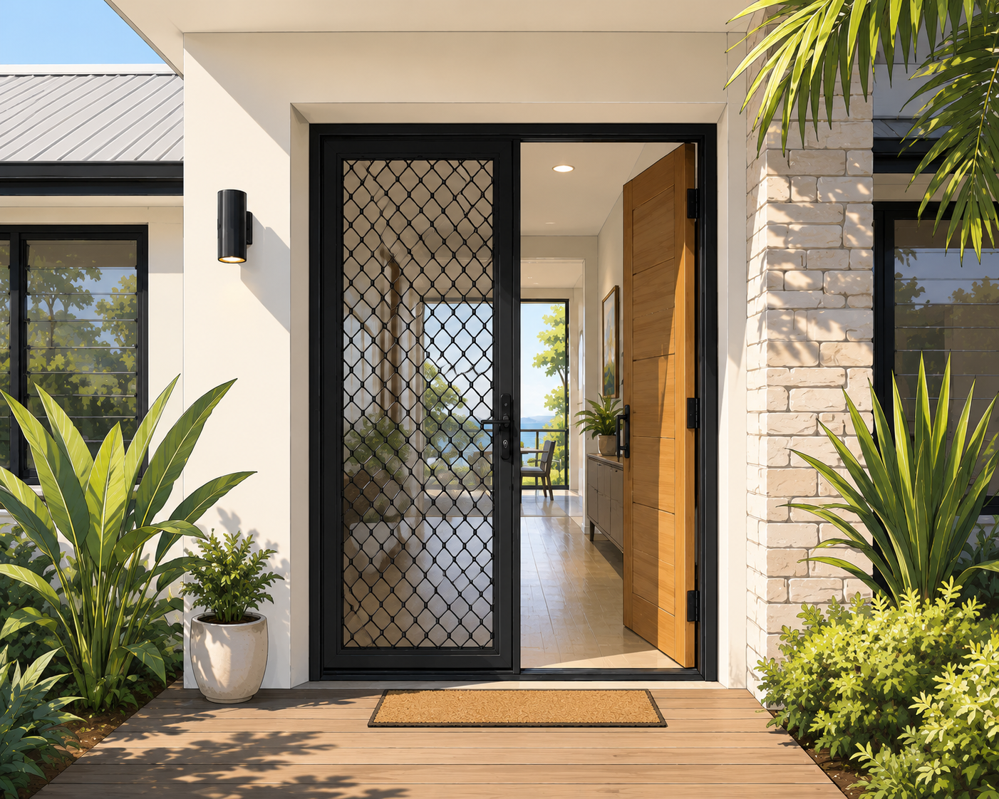 Modern Noosa home featuring a stylish black aluminium security screen front door that provides secur