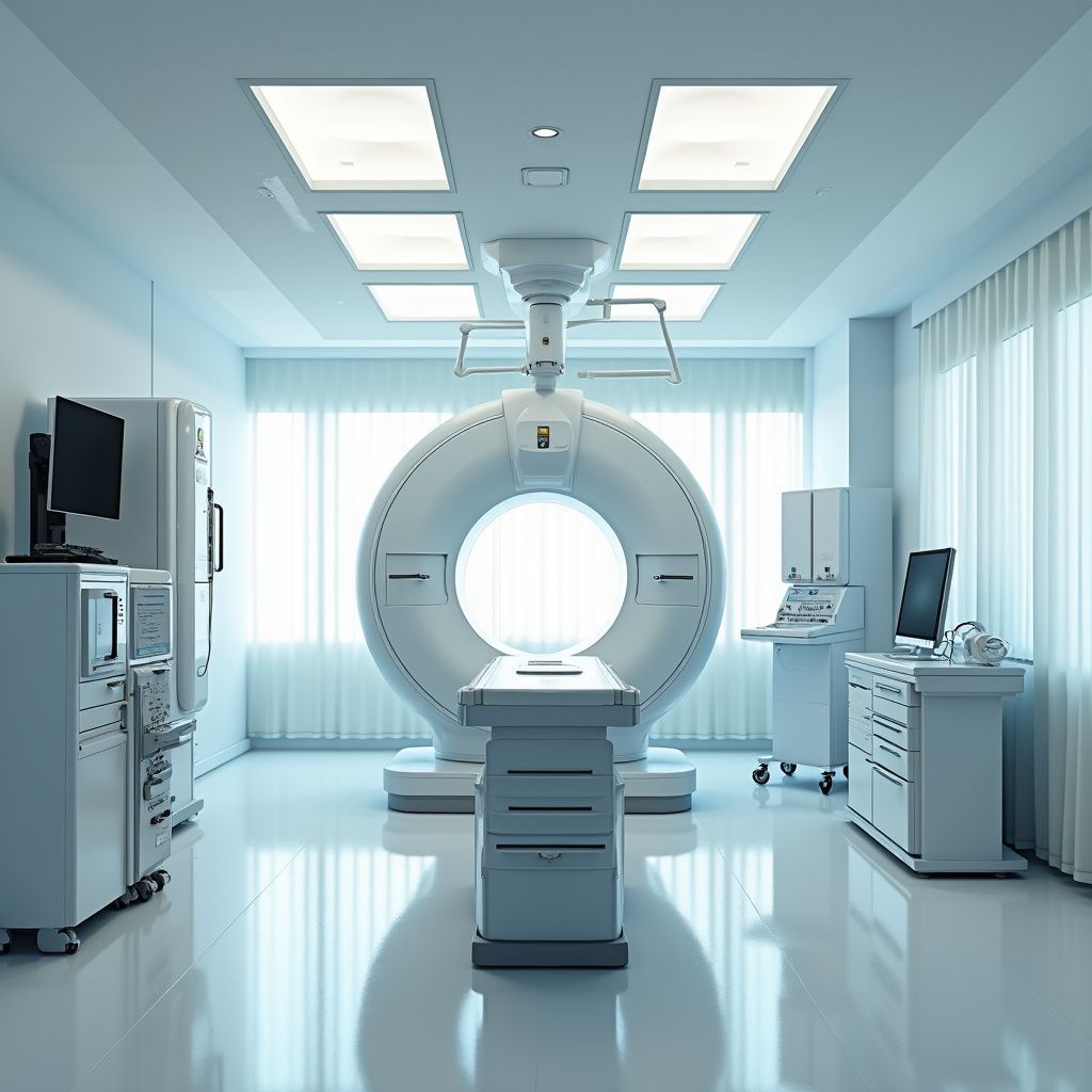 Scanner TC in una stanza d'ospedale moderna e luminosa, dotata di apparecchiature mediche e luci intense.