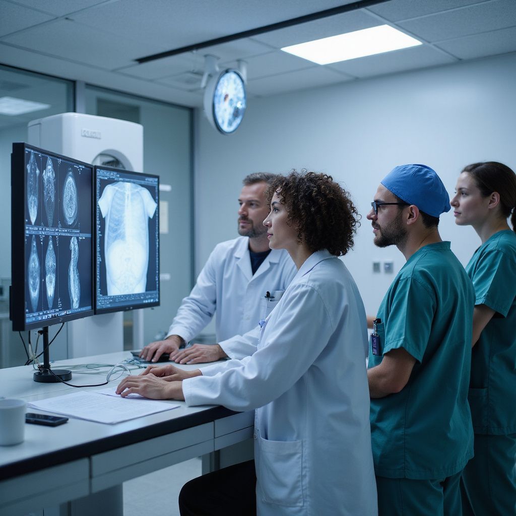 Un team medico esamina le radiografie su un monitor in una stanza d'ospedale.