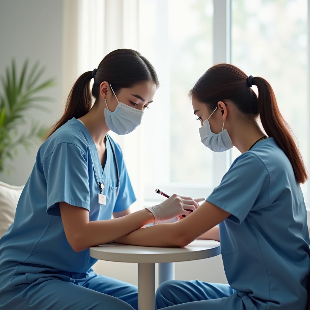 Due persone in camice e mascherina; una preleva sangue dal braccio dell'altra.