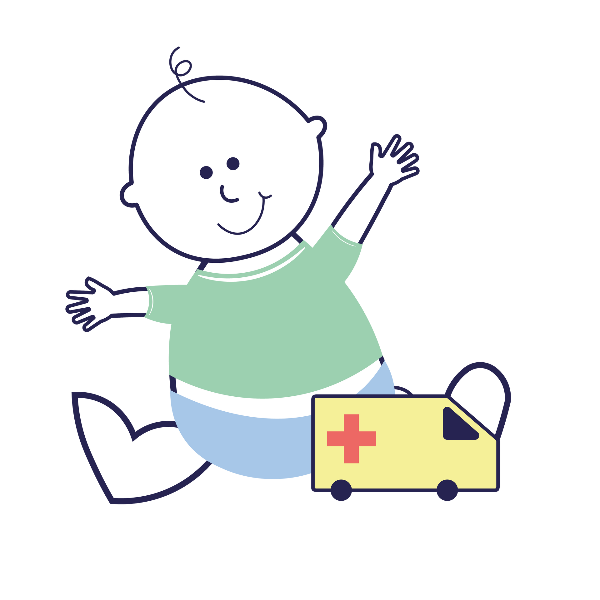 Friends of Alfie Martin Logo - A baby is sitting next to an ambulance with a red cross on it.