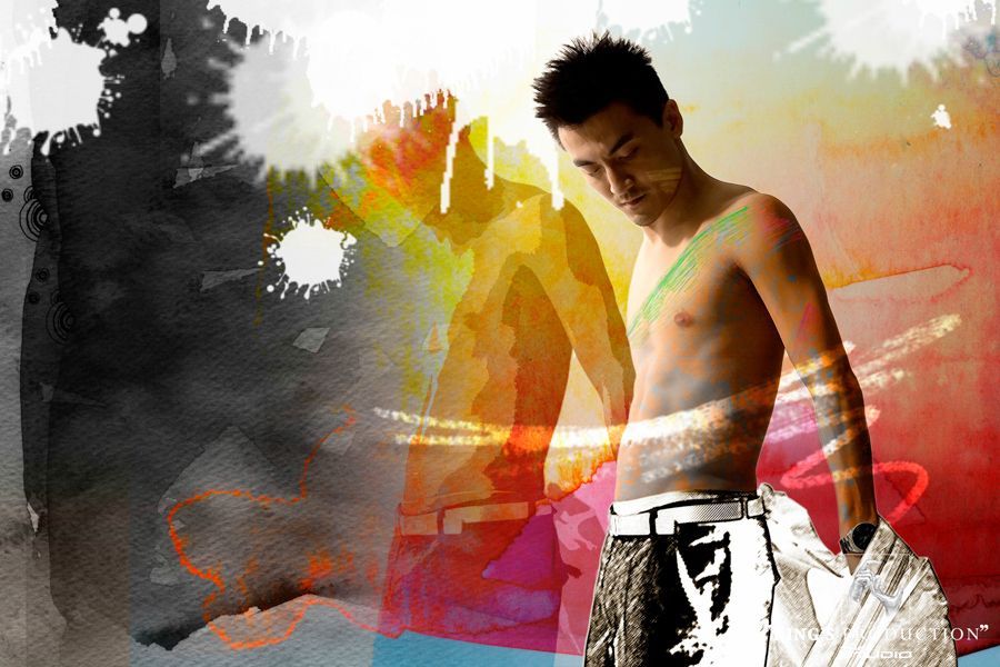 赤裸上身、低著頭的男人，藝術背景是油漆飛濺和彩色條紋。