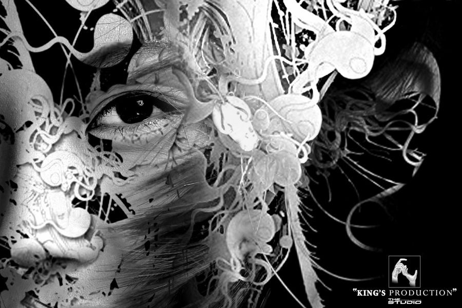 特寫黑白肖像。女人的眼睛清晰可見，臉上覆蓋著抽象的漩渦元素。