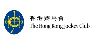香港賽馬會的標誌：藍色圓圈內有馬蹄鐵，中間有中文，下方有英文。