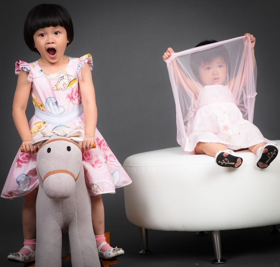 兩個穿著粉紅色洋裝的小女孩，一個騎著搖馬，另一個坐在戴著薄紗的白色凳子上。
