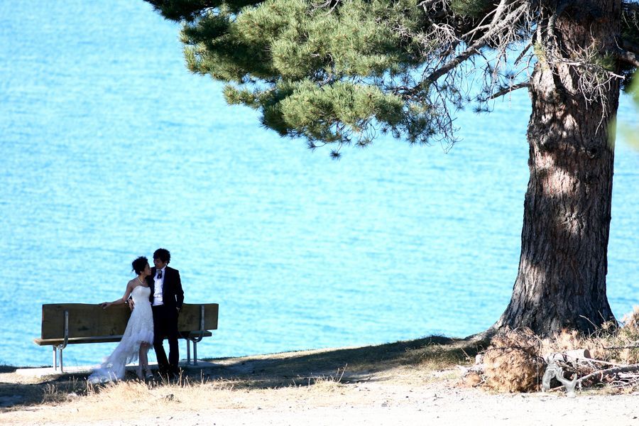 婚禮當天，新娘和新郎站在樹下的長椅旁，眺望藍色的湖泊。