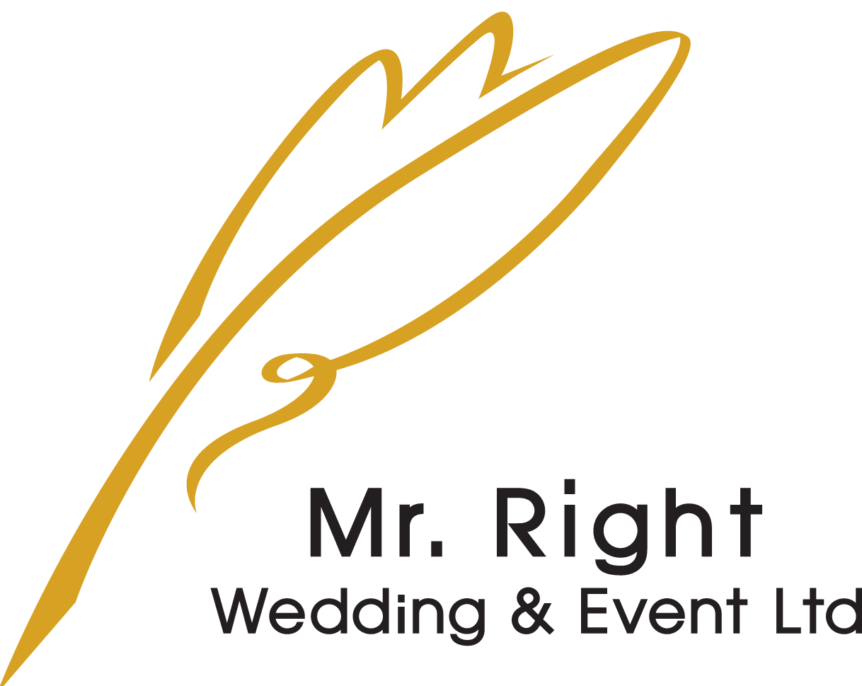 Mr. Right Wedding & Event Ltd 的金色羽毛標誌，下方有黑色文字。