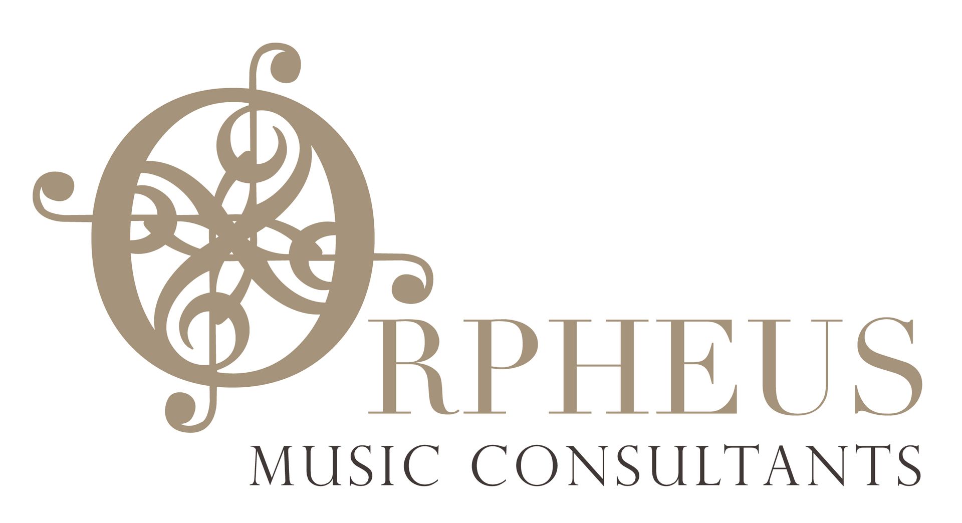標誌：米色風格的音符形成一個“O”，並帶有“Orpheus Music Consultants”文字。