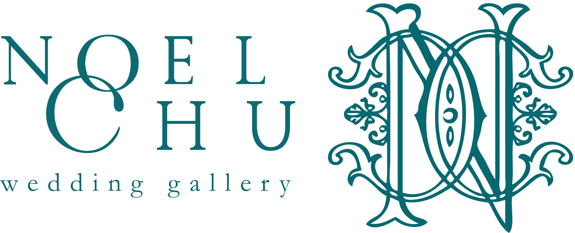 藍綠色的 Noel Chu 婚禮畫廊標誌，帶有交織的“N”和“N”字母組合。