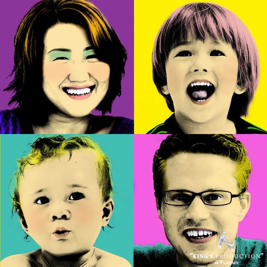 四幅色彩繽紛的普普藝術肖像：微笑的女人、大笑的孩子、撅嘴的嬰兒、微笑的戴眼鏡的男人。