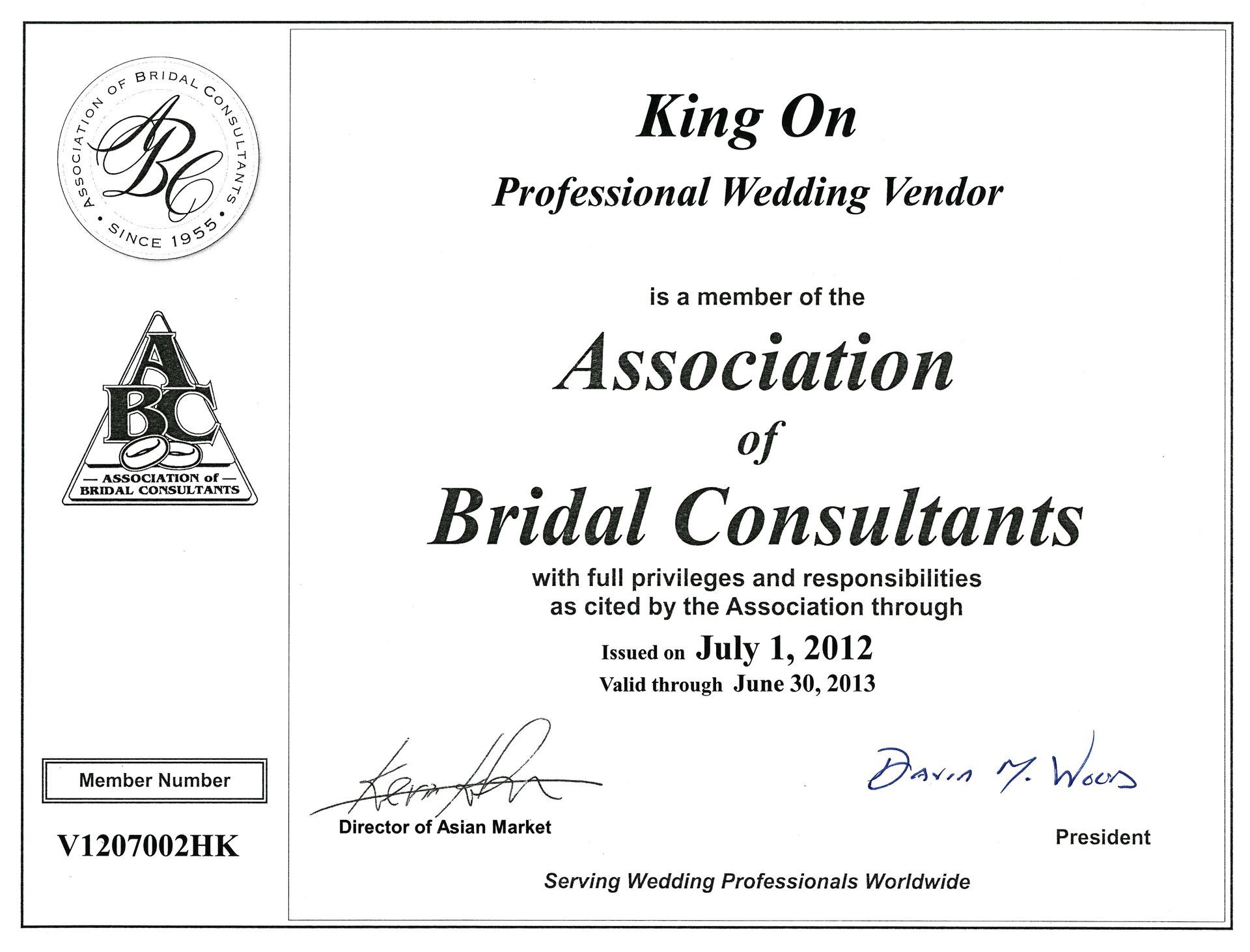 King On 證書,專業婚禮供應商,婚禮顧問協會會員。