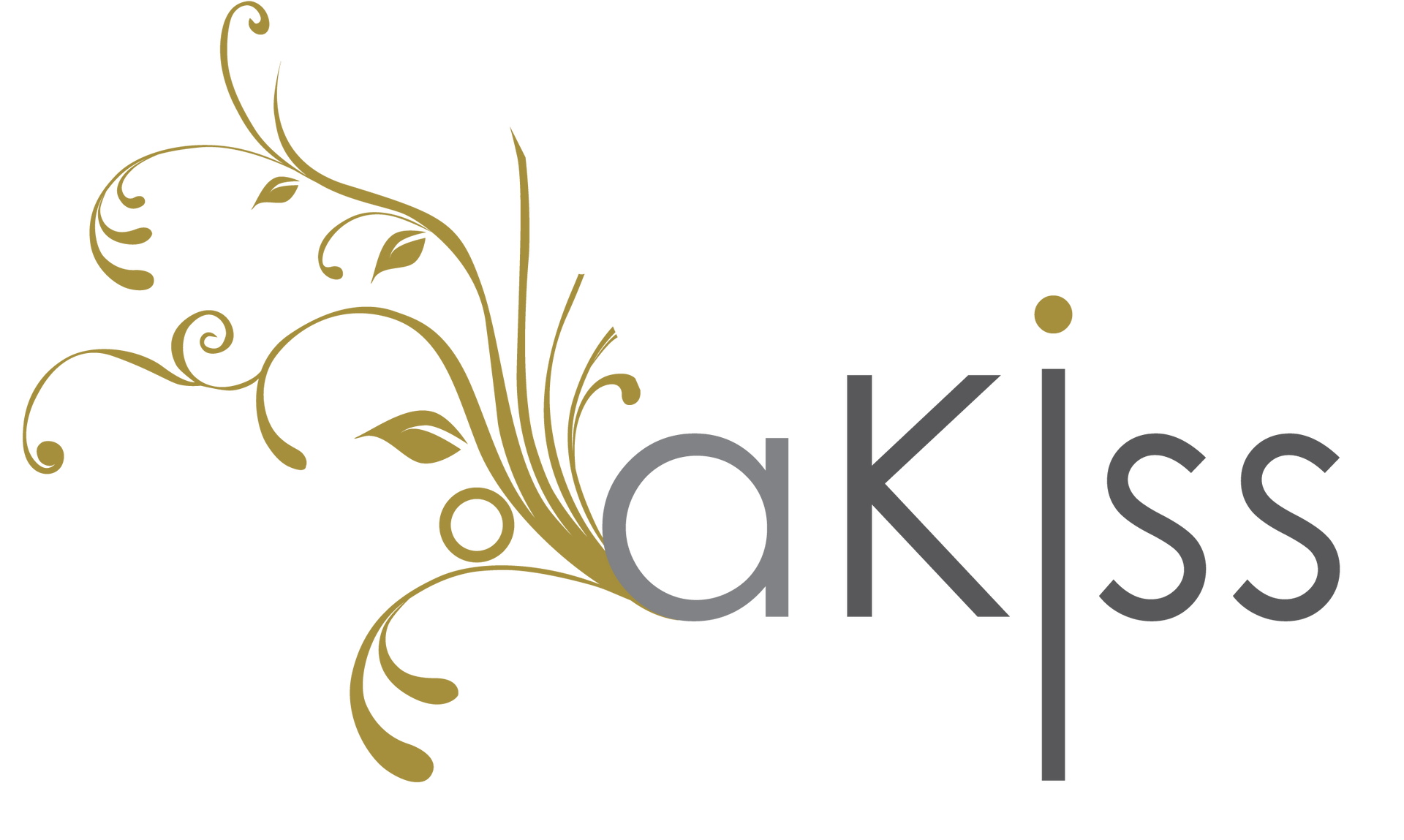 標誌：深灰色字體“akiss”，帶有金色和綠色的花卉圖案。