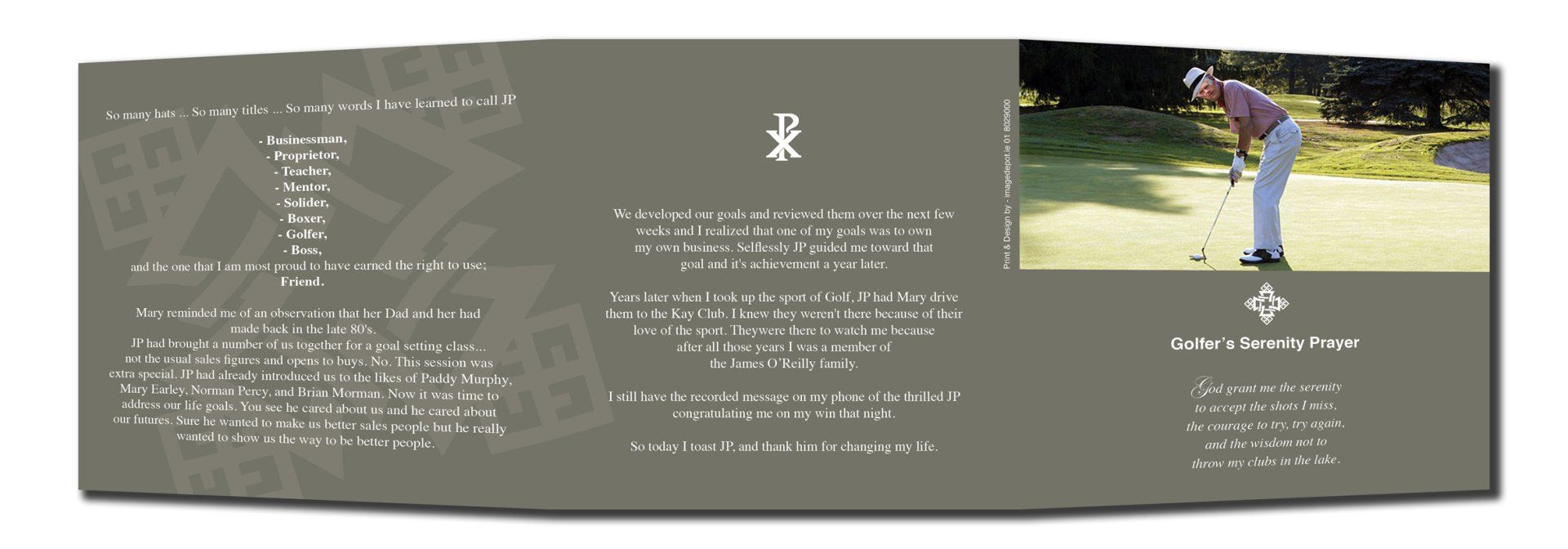 Golf images on folded outside of a Eulogy Card