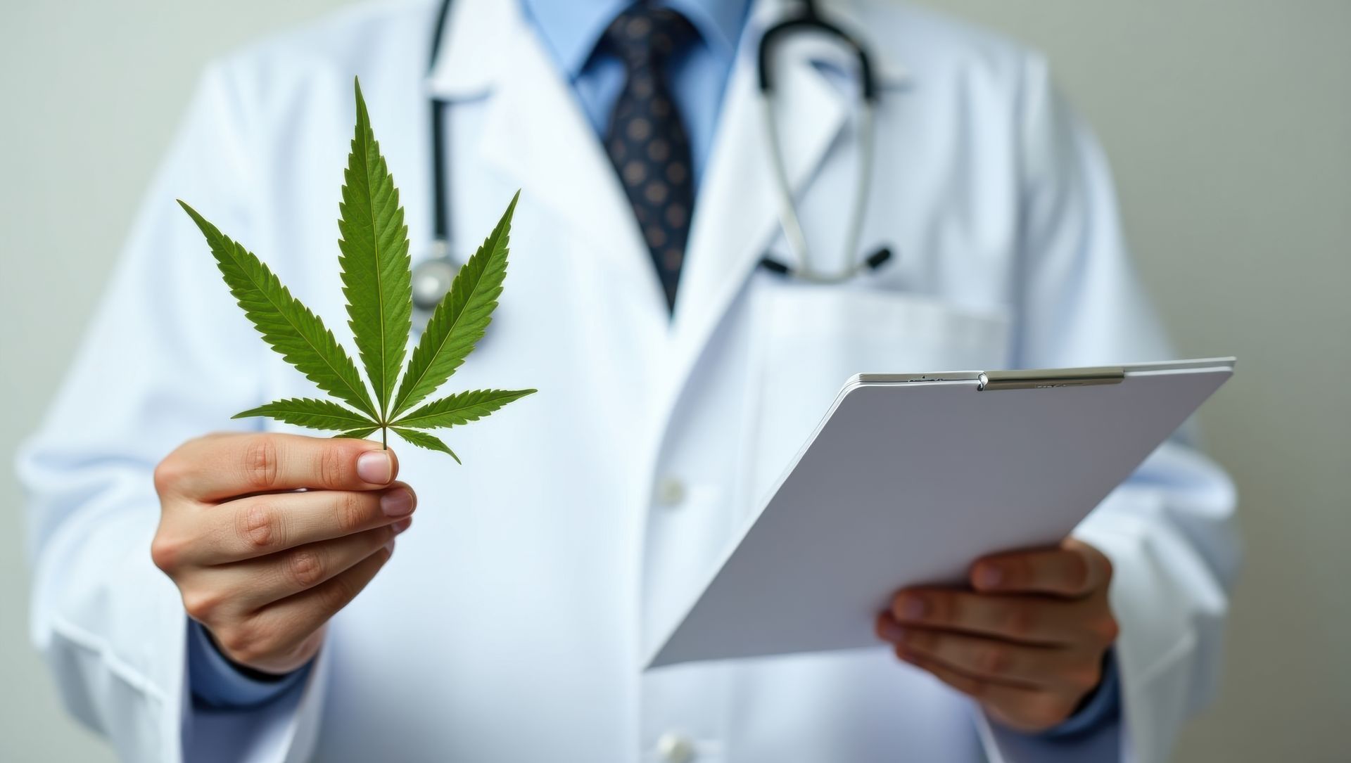 Doctor in white coat holds cannabis leaf and clipboard.