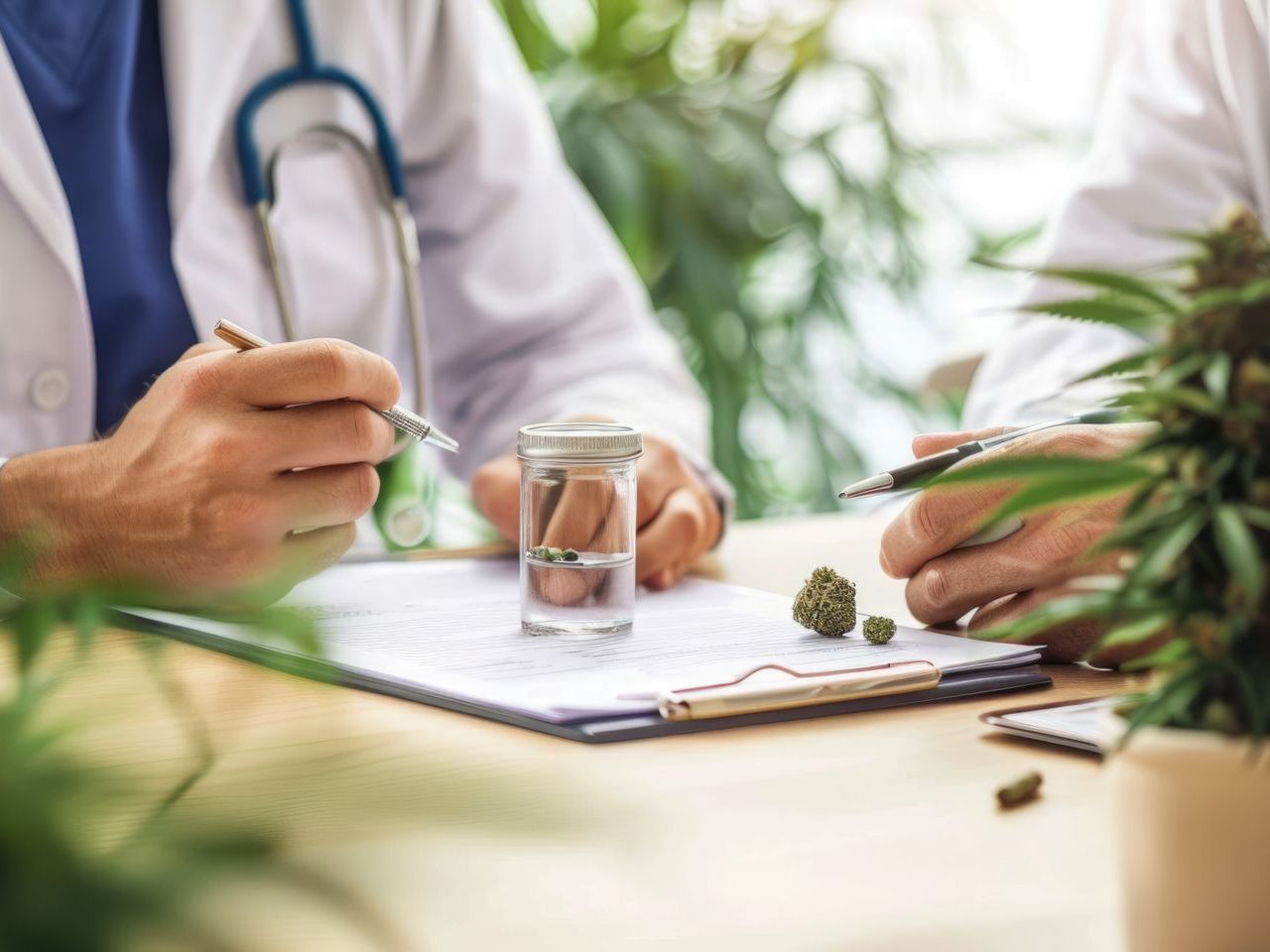 A doctor is sitting at a table talking to a patient while holding a glass of water.