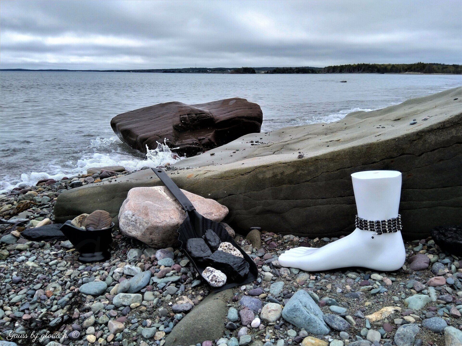 Coal Miners Black magnetic hematite wrap anklet with coal shovel and pail beside choppy ocean