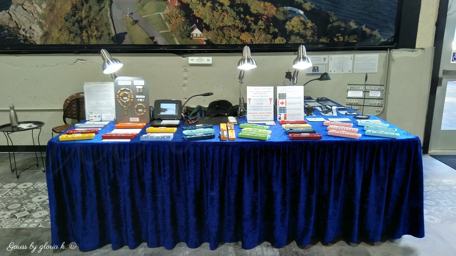 gloria k. magnetic jewellery display at Sydney, NS market - front view.