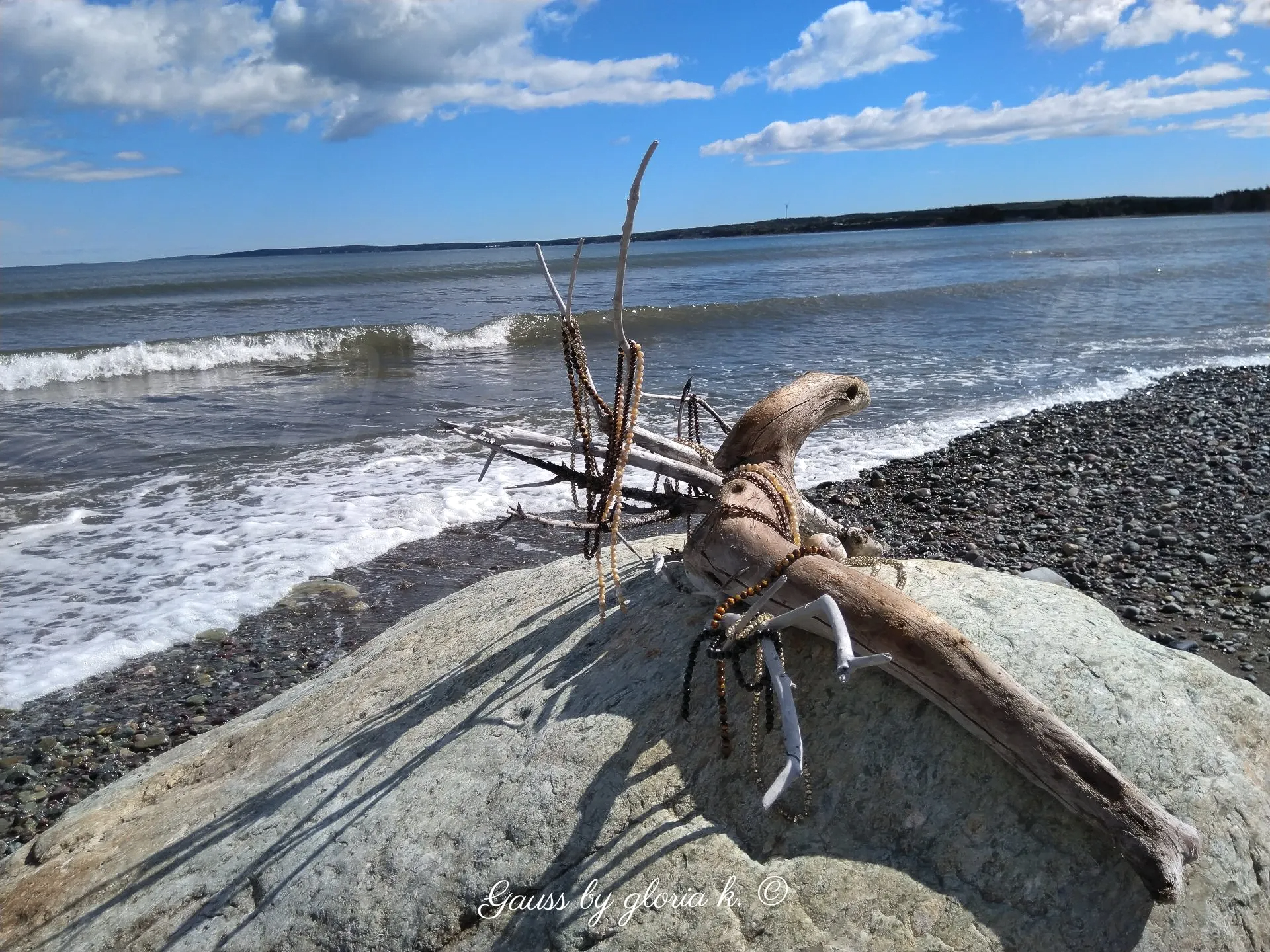 Driftwood sea creature with gemstones and crystals looking out to sea.