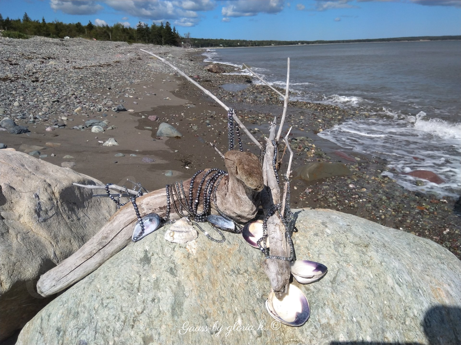 Two driftwood sea creatures wearing peacock pearls and crystals on rocky shore.