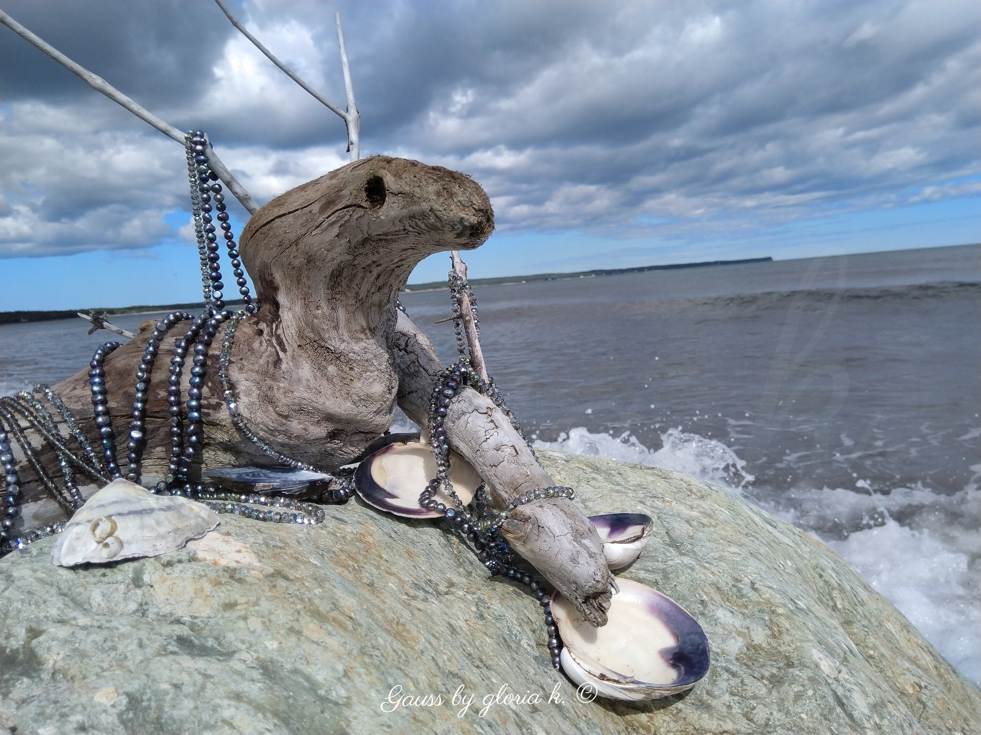 Two driftwood sea creatures with peacock pearls, crystals and clam shells, close up.
