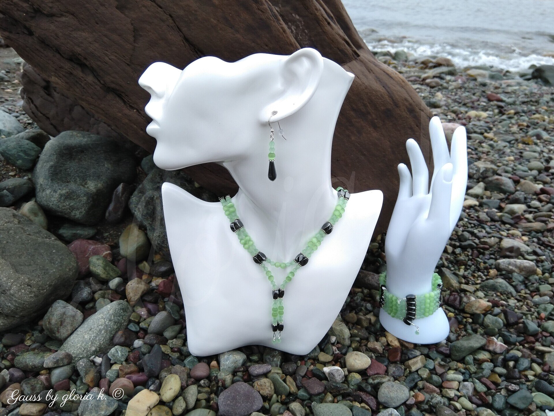 Seafoam Green magnetic wrap necklace and bracelet with shoreline rocks