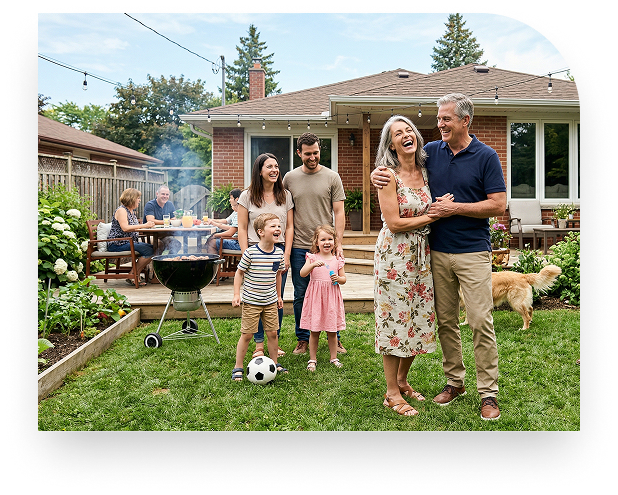 Happy family laughing and playing in a sunny backyard during a summer cookout.