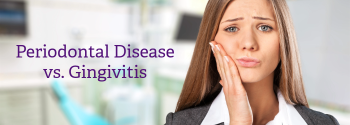 A woman holding her jaw in pain. Text overlay: Periodontal Disease vs. Gingivitis.