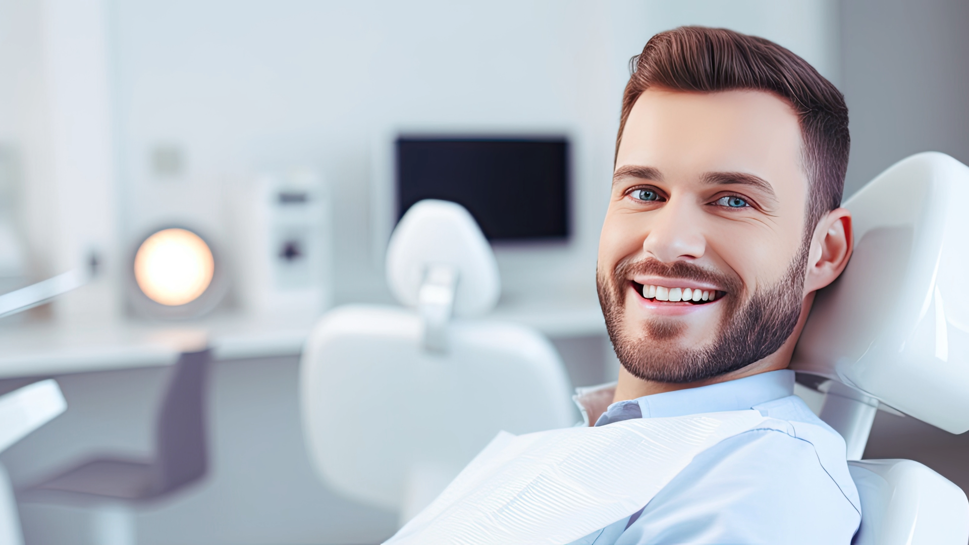 A man is smiling while sitting in a dental chair.