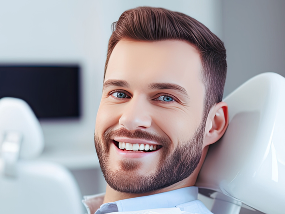 A man with a beard is smiling while sitting in a dental chair.