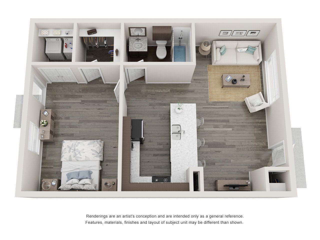 1 bedroom and 1 bathroom floorplan