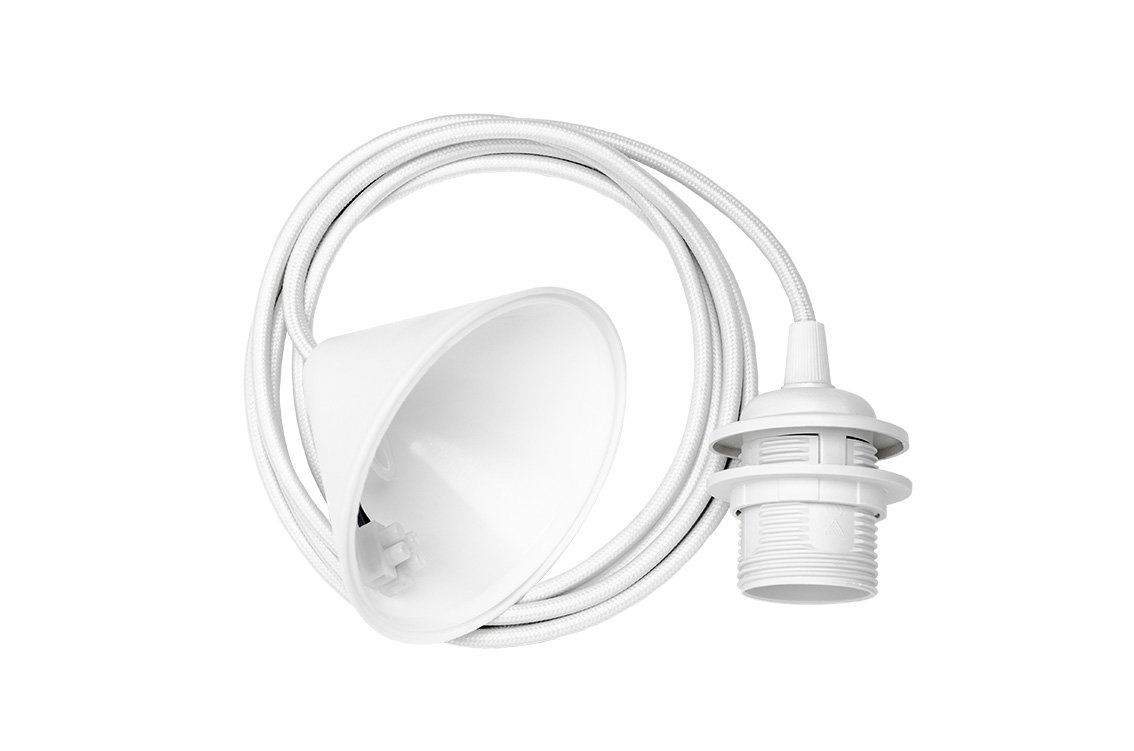 A white light bulb holder with a cord attached to it.