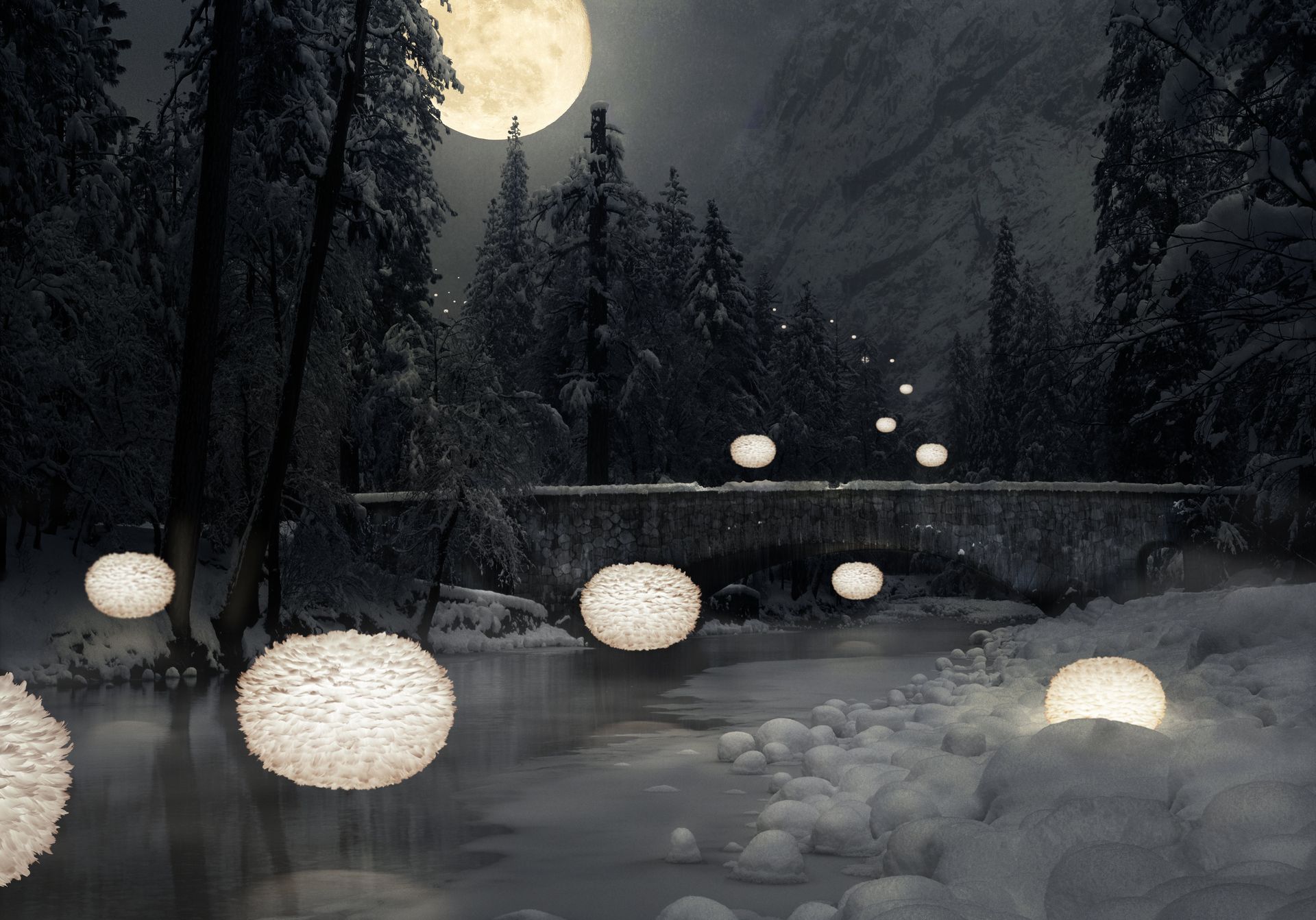 A bridge over a river with a full moon in the background