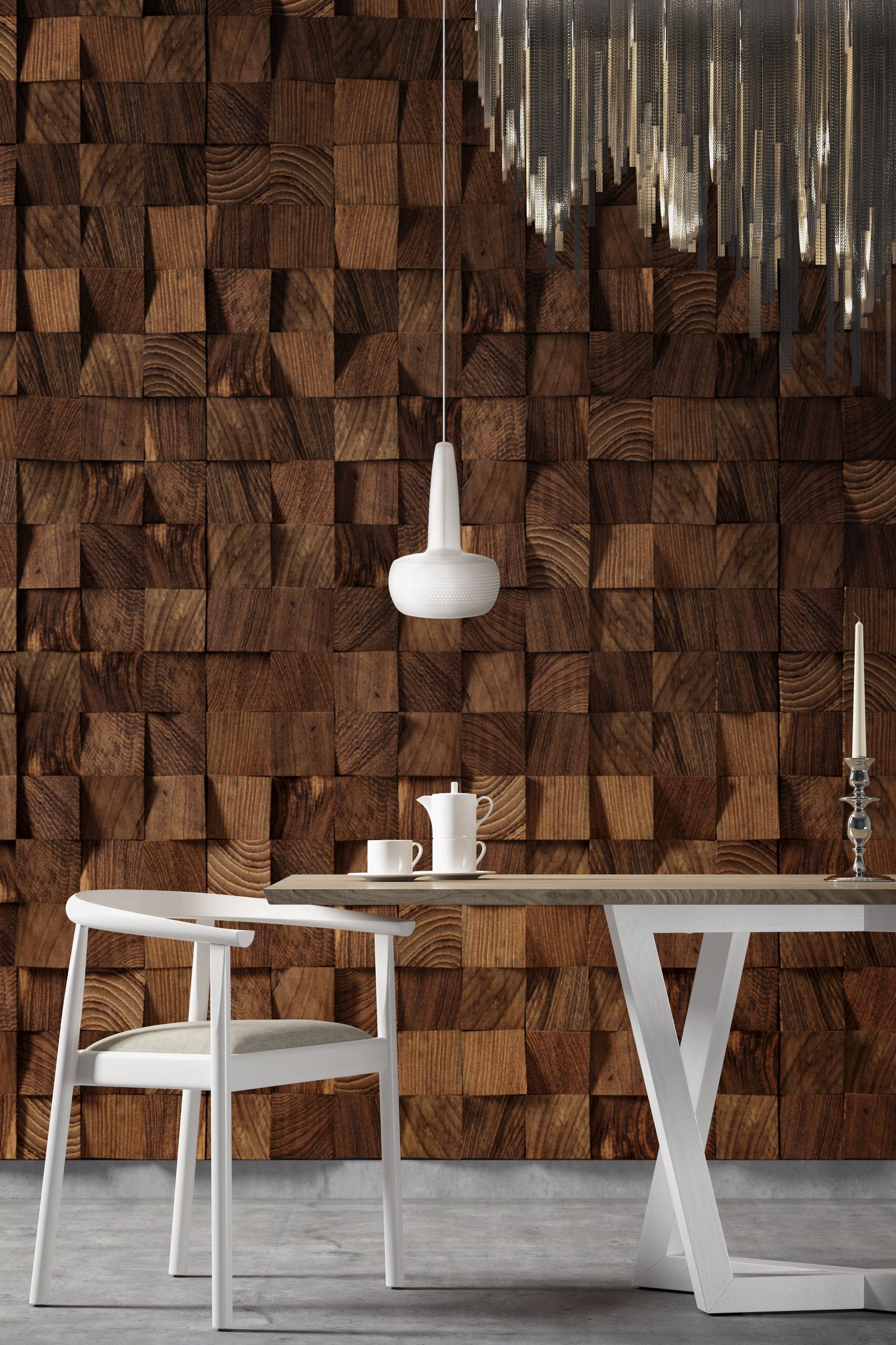 A dining room with a table and chairs in front of a wooden wall.