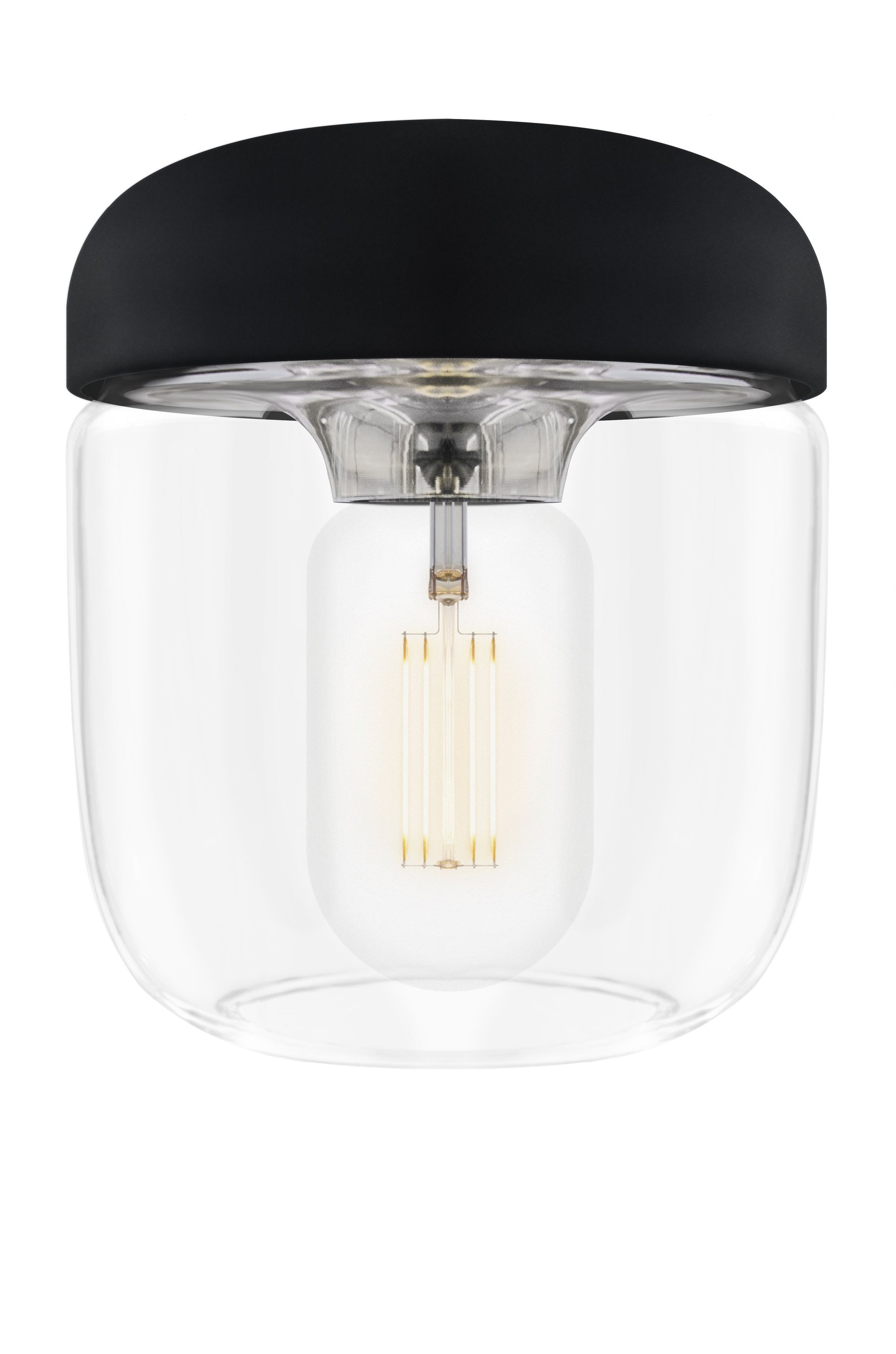 A ceiling light with a clear glass shade and a black shade.