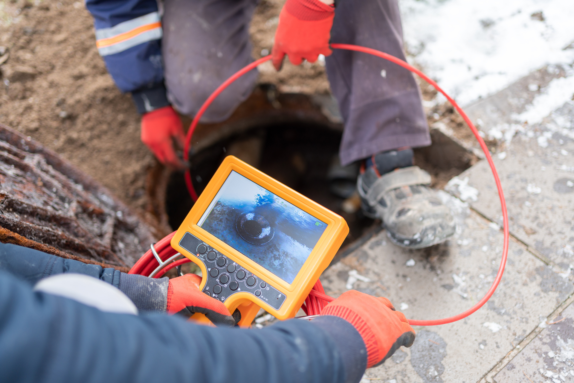 A man is using a camera to look into a manhole.