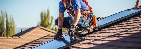 A person installing solar panels on a rooftop, wearing safety gear and gloves.