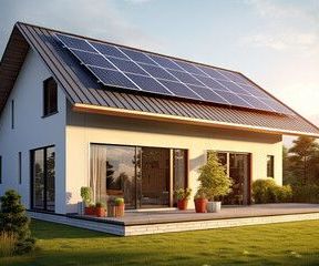 House with solar panels on roof, deck, and large windows. Sunny day.