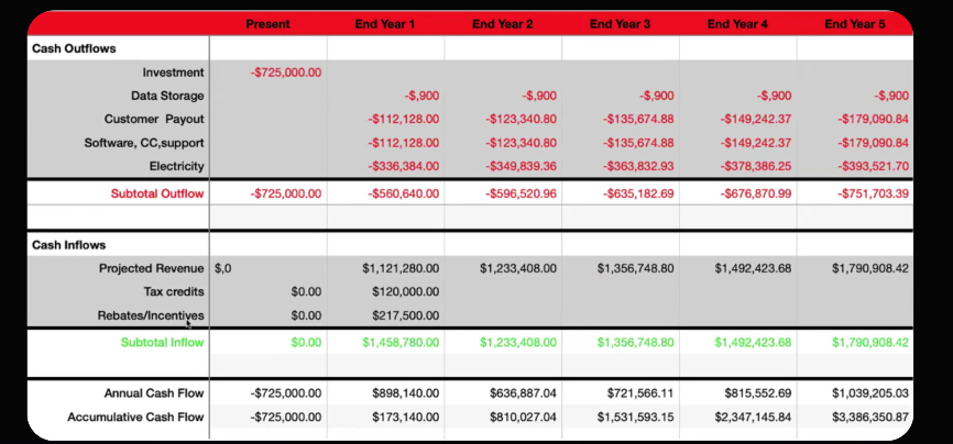 Financial table showing project costs and revenue over five years, with rows for expenses, revenue, and cash flow.