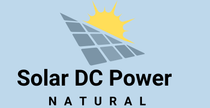 A logo for Solar DC Power Natural, featuring a yellow sun rising behind a grey grid of solar panels on a light blue field.