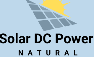 Solar DC Power logo with solar panel graphic and sun, text