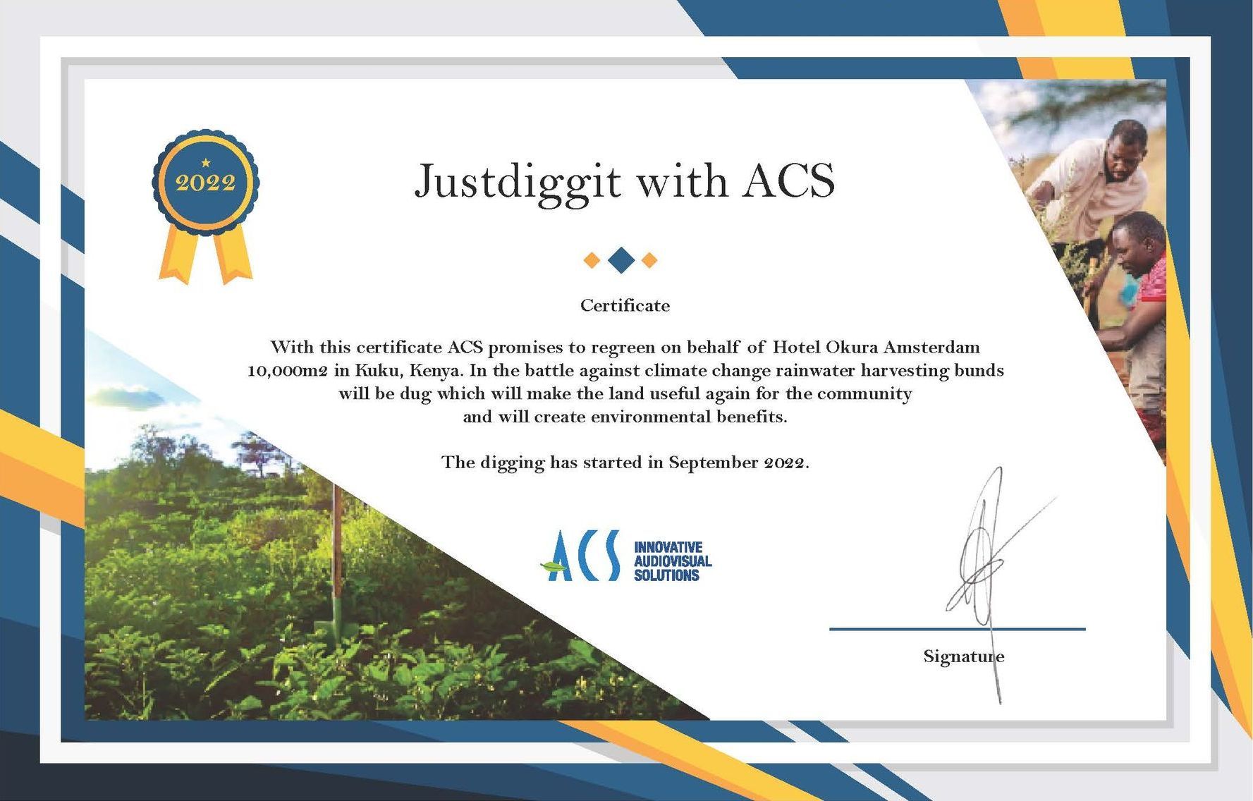 A certificate that says just digged with acs on it