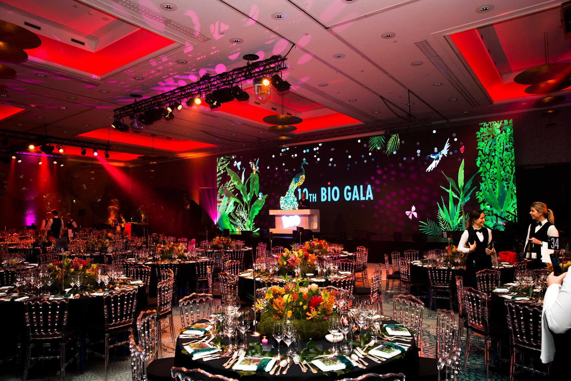 A large room with tables and chairs set up for a gala