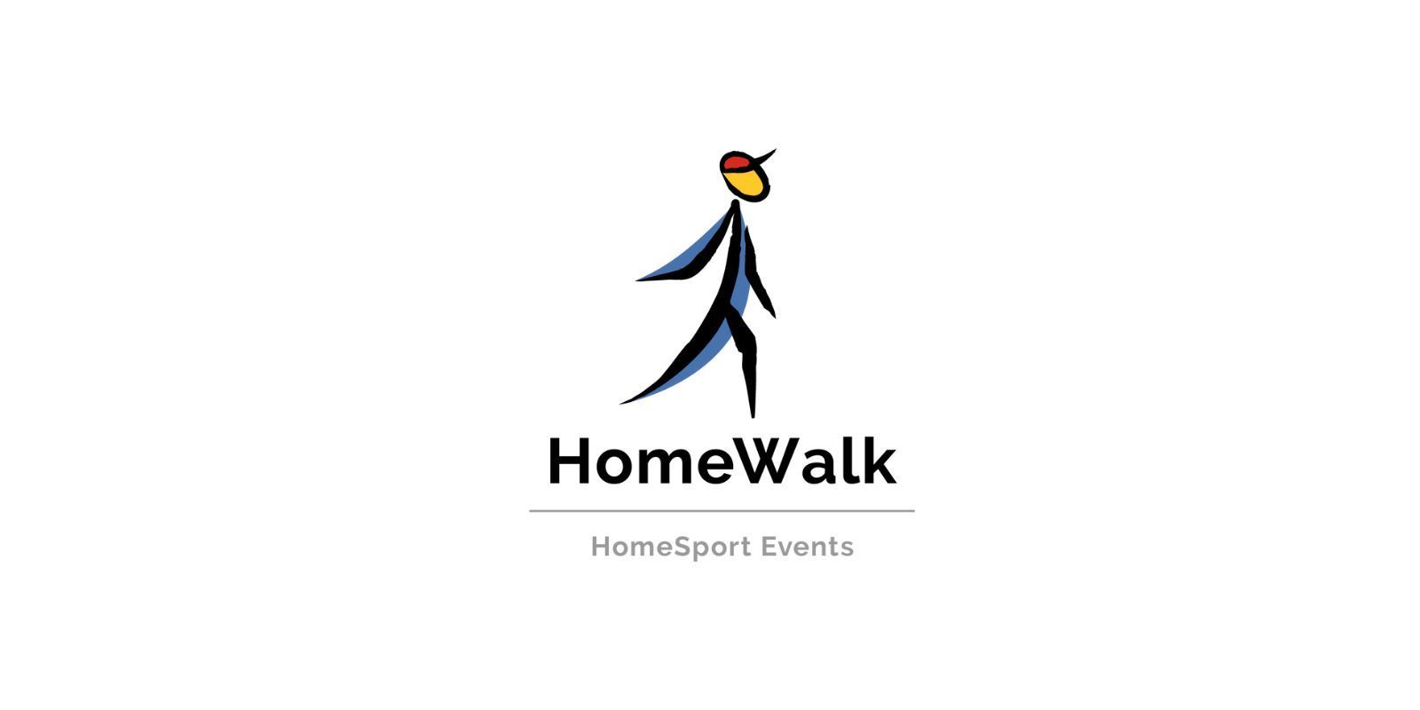 A logo for a company called homewalk with a stick figure walking.