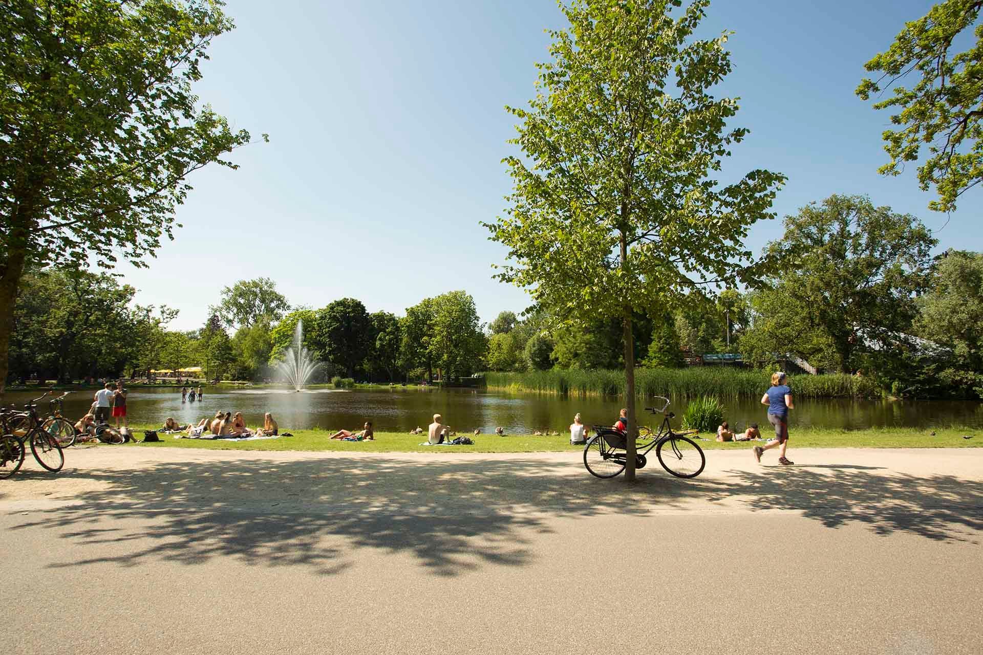 A bicycle is parked on the side of the road near a lake