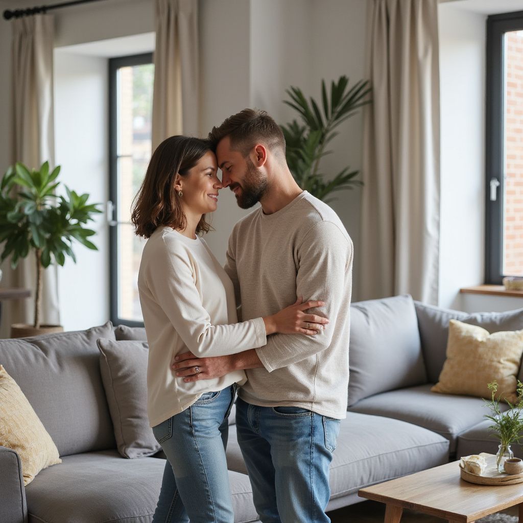 Couple embracing in a living room, smiling, looking at each other. Gray sofa, plants, and natural light.